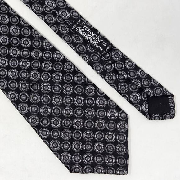STEFANO RICCI SAKS SILK TIE BLACK SILVER MEDALLION CIRCLE SATIN 3.75